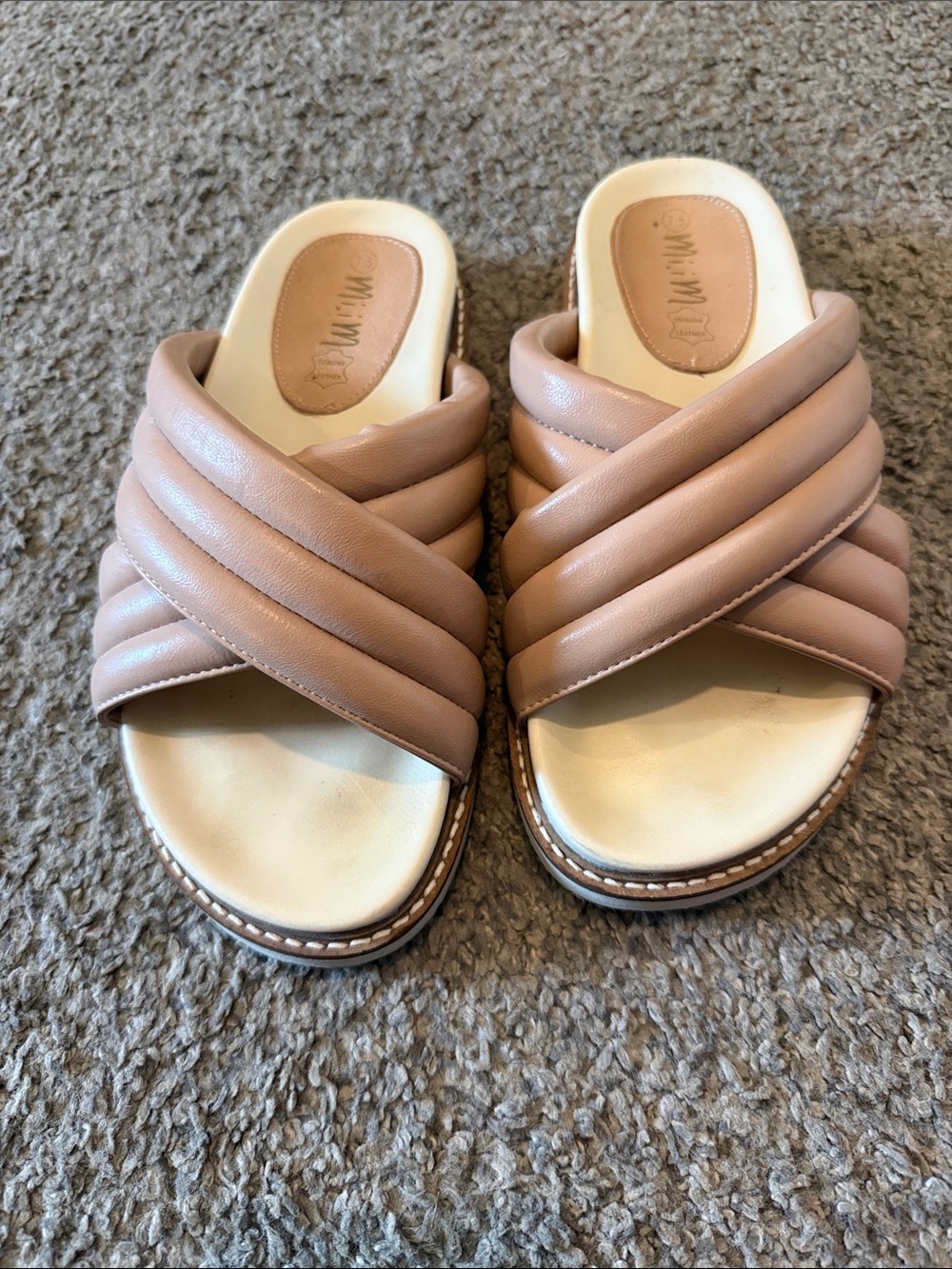 Miim Quilted Cross-Strap Slide Sandals in Blush Tan